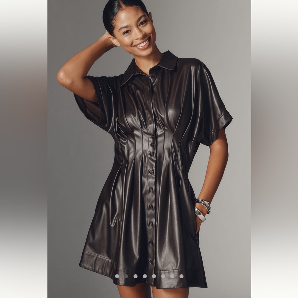 Anthropologie Tobie Faux Leather Mini Shirt Dress by Exquise chocolate brown